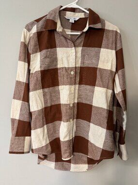 OLD NAVY Women's Oversized Flannel Boyfriend Shirt-Brown Plaid-Size XS